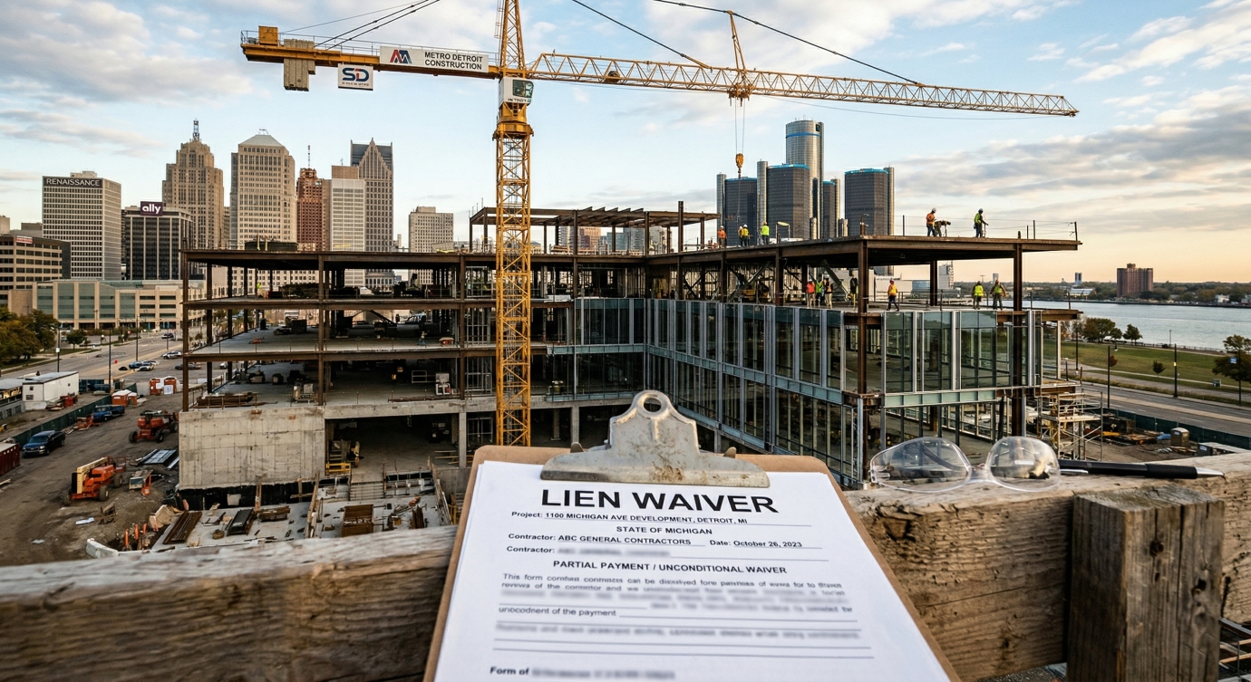 Metro Detroit commercial construction project with steel framing and crane, with a lien waiver document in the foreground, illustrating Michigan construction lien waiver rights