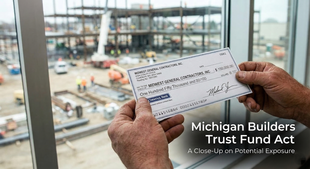 Michigan general contractor holding construction payment check with commercial job site in background, illustrating Builders Trust Fund Act obligations under MCL 570.151