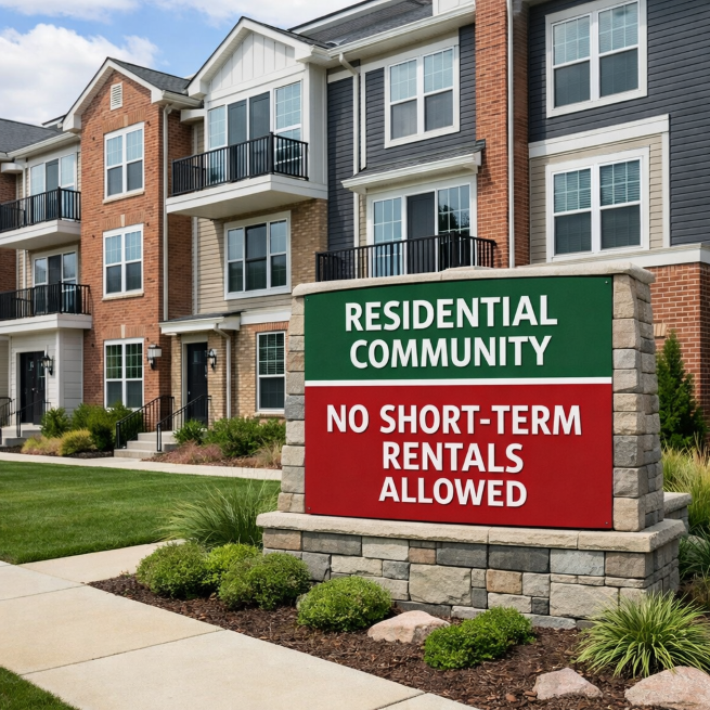 Michigan condominium building exterior representing association rental restrictions and short-term rental bans